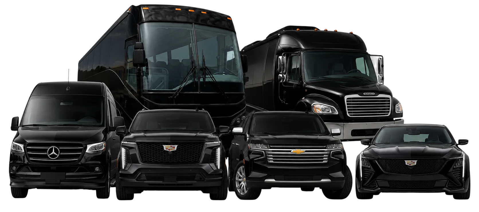 Port Miami Transfers fleet — black Mercedes Sprinter van, Cadillac Escalade, Chevrolet Suburban, sedan, mini-coach and motor coach